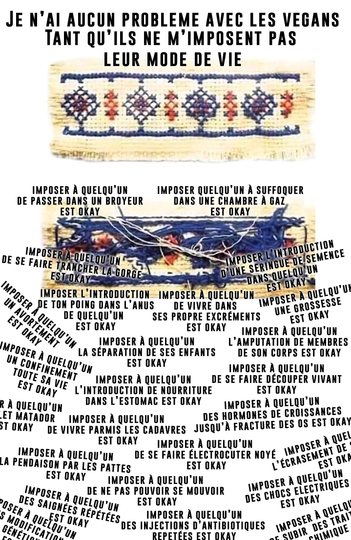 premiere image, une broderie parfaite, avec le texte : Je n'ai aucun probleme avec les vegans tant qu'ils ne m'imposent pas leur mode de vie. deuxieme image, l'arriere de cette meme broderie avec les textes : imposer à quelqu'un de passer dans un broyeur est okay, imposer à quelqu'un a suffoquer dans une chambre à gaz est okay, imposer à quelqu'un de se faire trancher la gorge est okay, imposer à quelqu'un l'introduction d'un poing dans l'anus est okay, imposer à quelqu'un la séparation de ses enfant est okay, imposer à quelqu'un un avortement est okay, imposer à quelqu'un la pendaison par les pattes est okay, imposer a quelqu'un de se faire électocuter et noyer est okay, imposer à quelqu'un des hormones de croissances jusqu'aux fractures des os est okay, imposer à quelqu'un des chocs électriques est okay, imposer à quelqu'un une grossesse est okay, imposer l'introduction d'une seringue de semence dans quelqu'un est okay... etc 