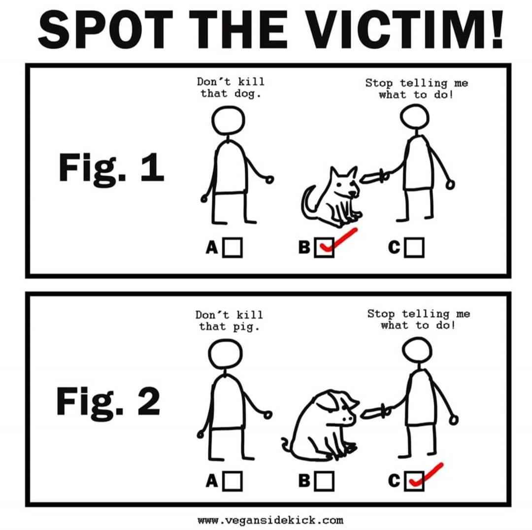 titre: spot the victim. image en 2 cases. la premiere deux personnes et un chien. la premiere demande à une seconde avec un couteau et s'appretant à tuer le chien de ne pas le tuer. la victime est le chien. La seconde image avec les 2 memes personnes, mais un cochon à la place du chien. la premiere personne demande à la seconde de ne pas tuer le chien. la victime ici est le tueur.
